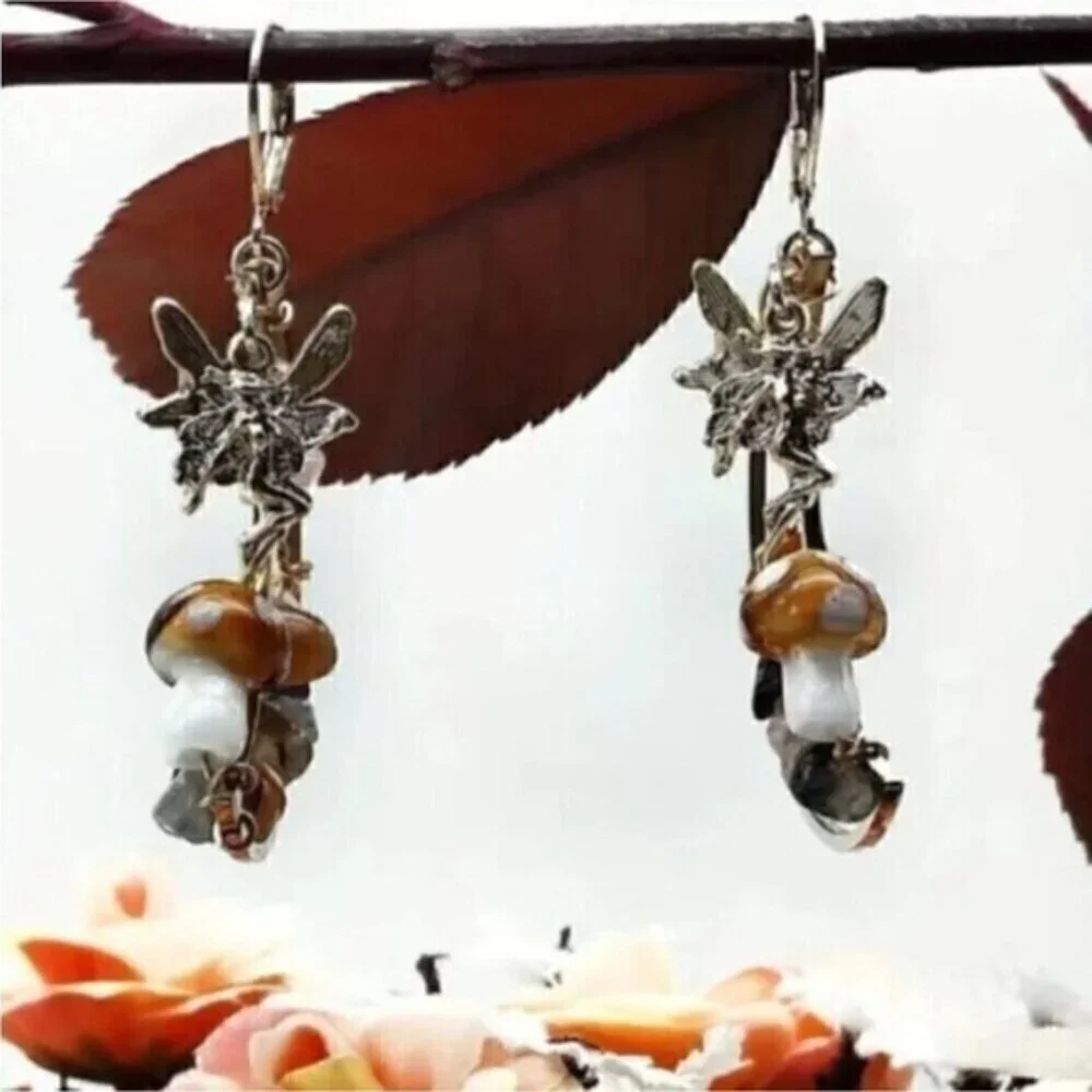 Crescent Moon Gold Mushroom Colorful Stone Fairycore Earrings - Picture 5 of 6